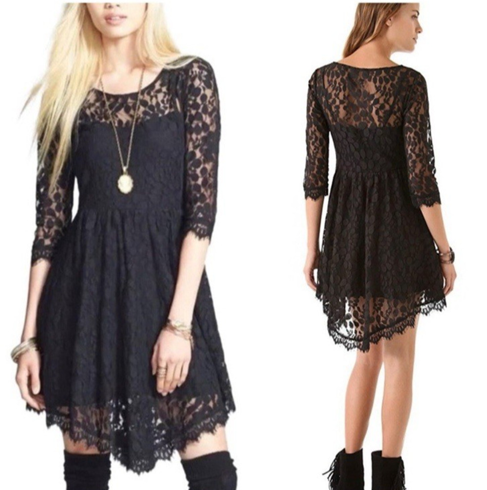 Free People Mesh Lace Overlay Skater Dress Womens Size Small Black Grunge Goth